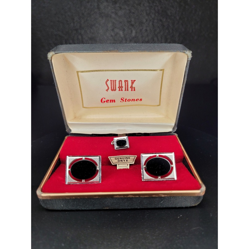 Swank Cufflinks Tie Tack Set Black Genuine Onyx Silver Tone Square Gem Stones